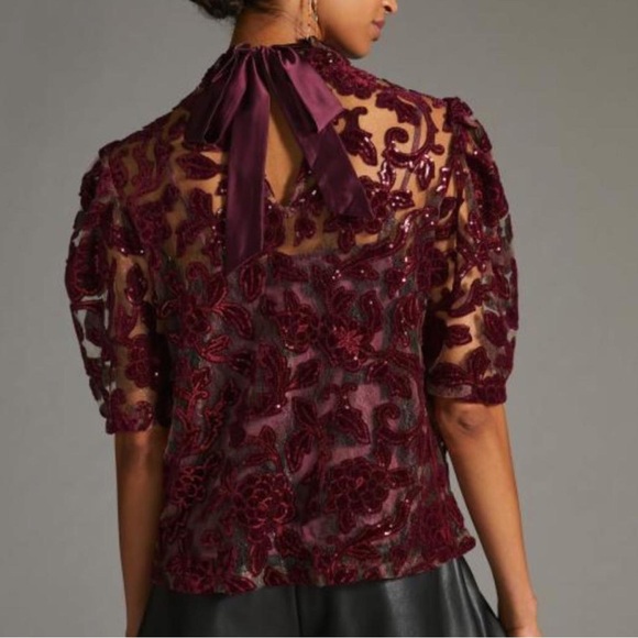 NWT Anthropologie Lace/Sequence Tie Back Puff Sleeve Burgundy Top, XXS petite - Picture 1 of 12